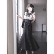 【女生洋裝】日系洛麗塔lolita高級感優雅魚尾半身裙子顯瘦白色襯衫兩件套裝女