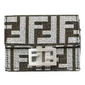 【FENDI 芬迪】經典金屬雙F LOGO緹花拼接三折雙面小零錢短夾(咖/銀)
