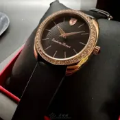 FERRARI手錶34mm圓形玫瑰金精鋼錶殼黑色錶盤真皮皮革深黑色錶帶款FE00090