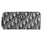 【Dior 迪奧】經典品牌LOGO緹花拼接拉鍊發財零錢長夾(深藍)