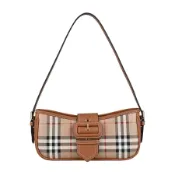 BURBERRY Sling燙金LOGO英倫風格紋設計PVC搭小牛皮釦式拉鍊肩背包(典藏米x石南棕)