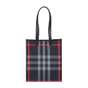 【BURBERRY 巴寶莉】BURBERRY 內標壓印LOGO Book Tote小牛皮拼帆布格紋肩背托特包(中/藍x灰格紋)