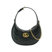Gucci 古馳 Marmont 衍縫小牛皮手提/斜背彎月包(699514-黑)