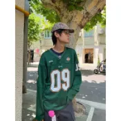 歐美式街頭寬鬆嘻哈數字運動球衣男 綠色百搭長袖大學T男
