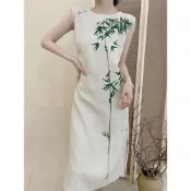 夏季新款中式國風棉麻改良旗袍連衣裙女印花無袖背心開叉長裙 棉麻洋裝 棉麻連衣裙 連身裙 大尺碼 連身裙洋裝 民族風 復古