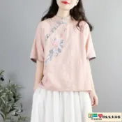 招財貓商鋪 【免運+最低價】中國風上衣 民族風 民族風唐裝棉麻襯衫女拼色盤扣刺繡夏天寬松茶服中國風短袖上衣女