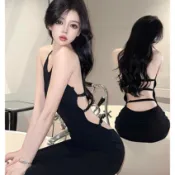 夏季純欲風性感辣妹顯瘦露背掛脖沙灘長裙女超修身包臀連身裙洋裝