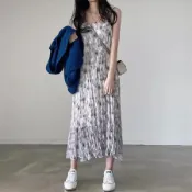 📢全店現貨⏰️24H速發韓國chic復古氣質百褶荷葉邊水墨印花度假風露背長款洋裝長裙洋裝女生