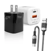 【WELLY】36W氮化鎵GaN 雙孔充電器+3A抗彎折 USB to Type-C 鋁合金傳輸充電線(1A1C)