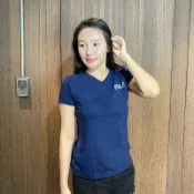 美國百分百【全新真品】 FILA 短袖 T恤 T-shirt 運動潮流 女 腰身 V領 logo 深藍 BF03