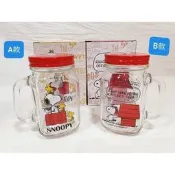 ♥小花花日本精品♥ 史努比 梅森杯 單把玻璃杯 吸管杯 水杯 飲料杯 果汁杯 甜點杯 附蓋 ~ 3