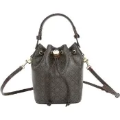 【TORY BURCH】T Monogram 雙T菱格塗層帆布手提 斜背束口水桶包 mini-深咖啡