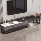 【百崴收納】輕奢岩板伸縮雙抽子母電視櫃 長100cm*2(電視櫃/客廳櫃/伸縮櫃/視聽櫃/展示櫃/邊櫃)