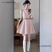 粉色無袖A字娃娃洋裝 韓系甜美修身顯瘦短裙 高腰傘擺顯腿長 小個子春夏薄款女裝 學生約會拍照百搭氣質減齡日常穿搭裙款新款