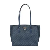 MK MICHAEL KORS RUBY 字母鎖頭LOGO滿版印花設計PVC拉鍊肩背托特包(大/海軍藍x孔雀藍)