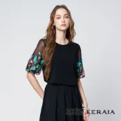 【KERAIA 克萊亞】綺綉夜色網紗繡花袖拼接上衣