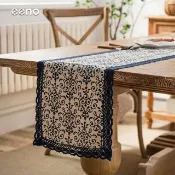 【eeno】青花瓷棉麻桌旗33×200cm花邊餐桌巾 桌布 桌墊(CC002)