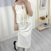(店+)【FEE BABY】肌理紋針織雙綁帶背心開叉長裙套裝 針織吊帶 長裙套裝 綁帶無袖上衣 肌理紋長裙渡假洋裝 韓系 兩件 黑色 杏色 藍色