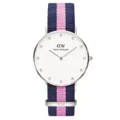 Daniel Wellington 施華洛世奇水晶藍粉紅帆布腕錶-銀框/34mm(0962DW)
