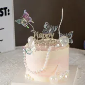 訂單滿199出貨  女神生日快樂蛋糕裝飾鑽石HB插件幻彩蝴蝶珍珠鏈甜品臺裝扮