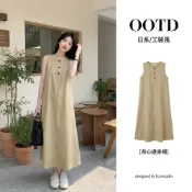 (店+)日系女裝丨夏季工裝風丨卡其背心連身裙丨立體A字大裙擺丨百搭丨性感丨無袖丨慵懶丨剪裁輕量透氣丨夏日修身顯瘦中長