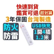 【PX 大通】3年保固台灣製造防火防雷突波快充 usb 1開4插三孔插座電源延長線1.2公尺1切4插4尺(PEC-314U4W)