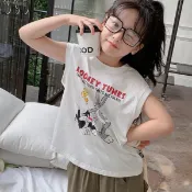 女童上衣 純棉背心無袖T恤女童洋氣夏季背心兒童兔巴哥寬鬆寶寶小童坎肩 兒童上衣 無袖t恤 兒童t恤 女童背心 兒童背心
