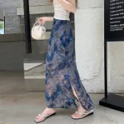 【桃喜Rich女裝】多色可選 國風扎染魚尾裙女 新款薄款長裙子 高腰開叉垂感a字裙 包臀半身裙 復古長裙