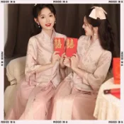 新中式伴娘服 豆沙粉民國風復古顯瘦姐妹裙 閨蜜團伴娘禮服套裝 婚禮姐妹裙長袖 視覺修身質感面料 專業婚慶姐妹服