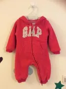 二手 八成新 Baby GAP 童裝 紅色 小碎花 厚款保暖羽絨連帽拉鍊兔裝 12-18m
