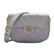 CHANEL 經典仿舊雙C LOGO荔枝牛皮金鍊轉釦肩背/斜背包(大象灰)