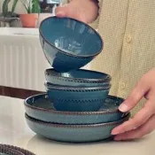 廚房用具 復古藍色窯變釉下彩法式陶瓷飯碗 家用瓷碗盤餐具 米飯碗 麵碗平盤