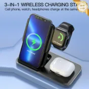 柳岸小舖 【三合一快充】無線充電器 充電座 充電支架 桌面充電站 摺疊便攜 15W快充 手機耳機手錶 同時充電 蘋果全系列適用 告別線材凌亂