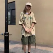【台灣出貨 免運】美式復古夏季嘻哈輕薄外套襯衫日系街頭棒球短T男女寬鬆上衣ins 寬鬆短T 顯瘦短T 短T女 T恤女 短