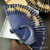 🔥臺灣熱賣🔥淺繪家複古風孔雀燙金羽毛真絲7寸折扇子漢服旂袍便攜舞蹈男女扇