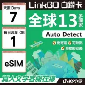 LINKGO白鑽卡 全球13國 eSIM卡 7天上網卡 每日1GB(全球網卡 亞太區 紐西蘭 澳洲 通行無限)