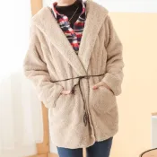 (店+)【良池】搖粒絨毛附腰帶保暖外套(連帽無扣刷毛口袋長版上衣)