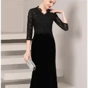 【女神婚紗禮服】優雅蕾絲拼接絨布V領七分袖修身墜地魚尾長裙晚禮服GLW1712#黑色(優雅媽媽宴客 拉鍊款)