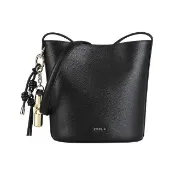 【FURLA 芙拉】FURLA精品小牛皮吊飾編織磁釦斜背水桶包(迷你/黑)