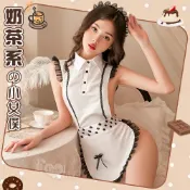 春天玩具 【送清潔粉】女僕角色扮演服！立領暗釦木耳花邊裸背露臀波波點圍裙三件組