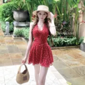 韓版夏天新款旅行度假紅色碎花雪紡吊帶洋裝女裝顯瘦彈性V領露背無袖印花A字洋裝
