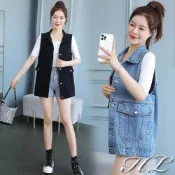 HL中大尺碼【25071009】美調翻領排釦單寧牛仔背心 1色