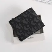 (店+)【Sharkhead】現貨 Calvin Klein 短夾 斜紋布 皮夾 黑色 錢包 滿版 男用 灰黑 CK 盒裝 布紋