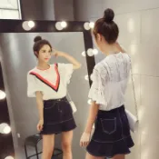 FINDSENSE服飾 FINDSENSE G5 韓國時尚 撞色 蕾絲 上衣+高腰 魚尾裙 半身裙 短裙 兩件套 套裝