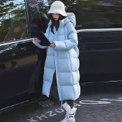 【若初】純色方格連帽拉鍊雙口袋過膝中長款科技羽絨棉外套女外套-共4色-17056(M-XL可選)