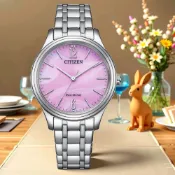 CITIZEN 星辰 光動能大三針時尚女錶 百貨周年慶-銀x粉紅/34mm EM0411-71X