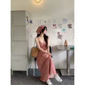 【法式紅色格子】連衣裙 吊帶裙 頭巾 夏季度假 新款 露背 氣質 收腰 顯瘦 長裙 洋裝 韓版 百搭 遮肉 洋裝長裙