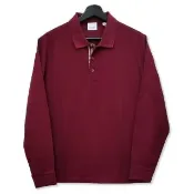 【BURBERRY 巴寶莉】8093513 經典素色領口拼接格紋長袖上衣Polo衫(酒紅色)