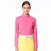 【Lynx Golf】女款吸濕排汗機能個性潮流LOGO字樣印花長袖POLO衫/高爾夫球衫(桃粉色)