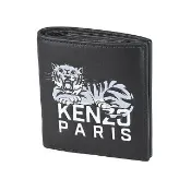 【KENZO】KENZO Varsity壓印LOGO牛皮快樂虎圖案3卡按釦式零錢短夾(迷你/黑)